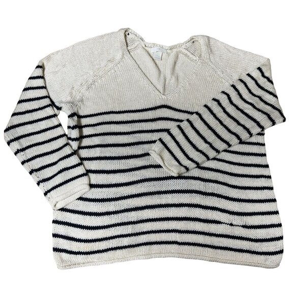 XL H&M Beige & Black Striped Knit V-Neck Sweater - Cozy, Casual Style - Picture 2 of 6